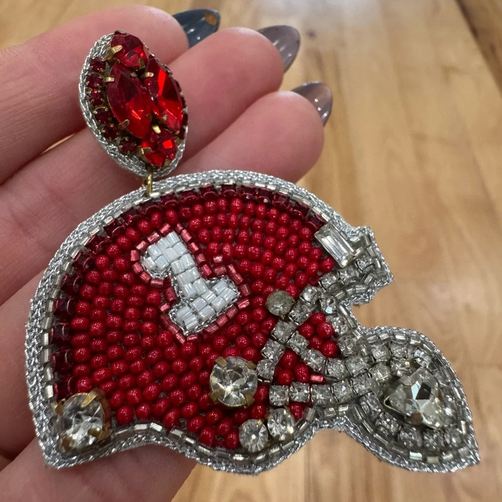 Taylor Shaye Red and Silver Beaded Football Helmet Earrings worn 1x - Picture 6 of 7